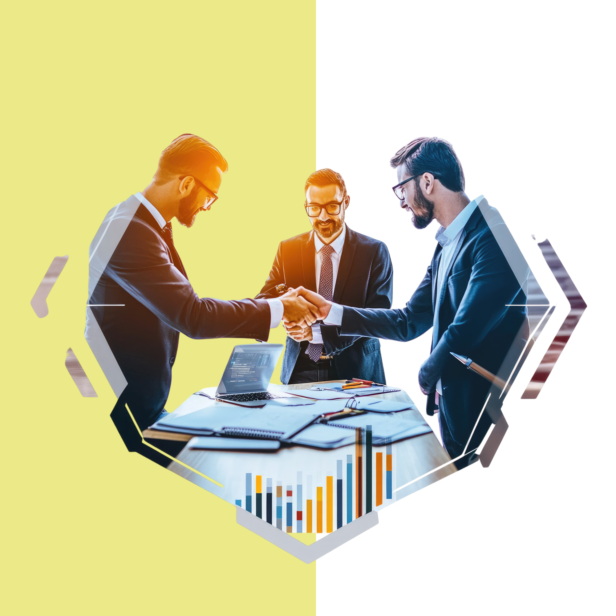 A hexagon with three images of business people shaking hands, working on laptops, transparent, alpha background png