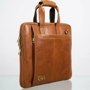 C4A Premium Tan Leather Laptop Briefcase - 34356